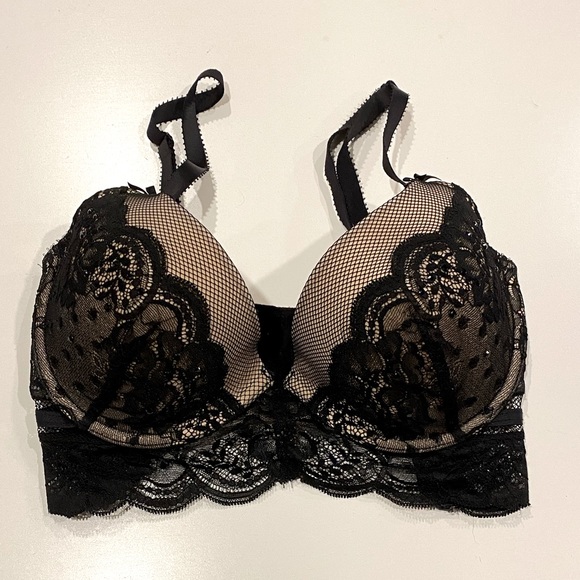 Gemstone-Accented 32DD Bra: Tan & Black Lace Elegance - Picture 1 of 3